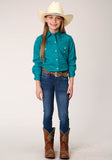 Roper Girls Long Sleeve Snap Solid Poplin Stretch Turquoise Western Shirt - Roper