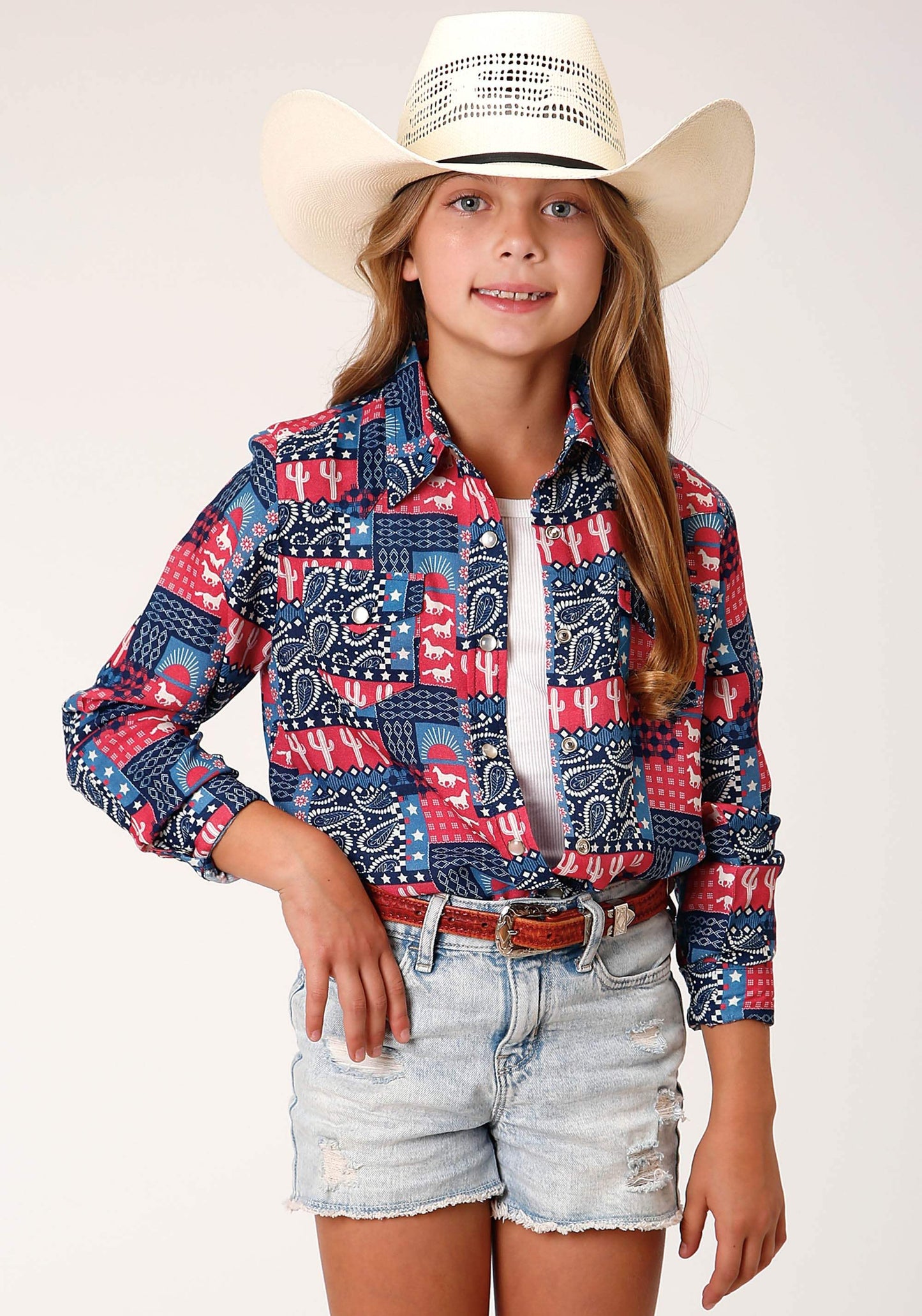 Roper Girls Long Sleeve Snap Bandana Print Rayon Shirt - Roper - Flyclothing LLC