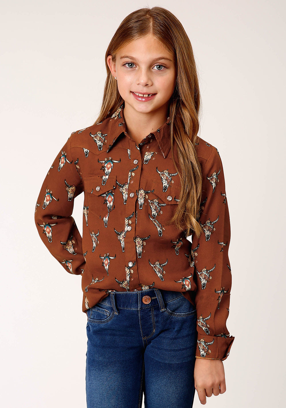 Roper Girls Long Sleeve Snap Cowskulls Print Shirt - Roper