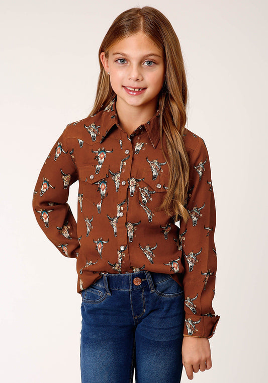 Roper Girls Long Sleeve Snap Cowskulls Print Shirt - Roper