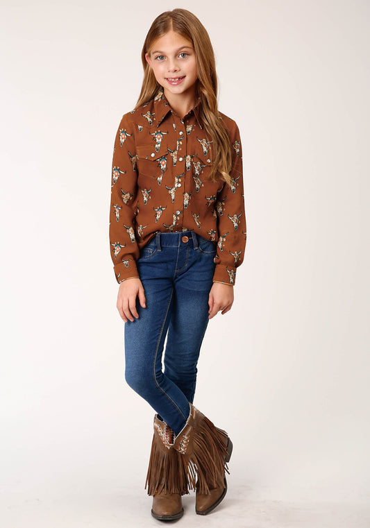 Roper Girls Long Sleeve Snap Cowskulls Print Shirt - Roper