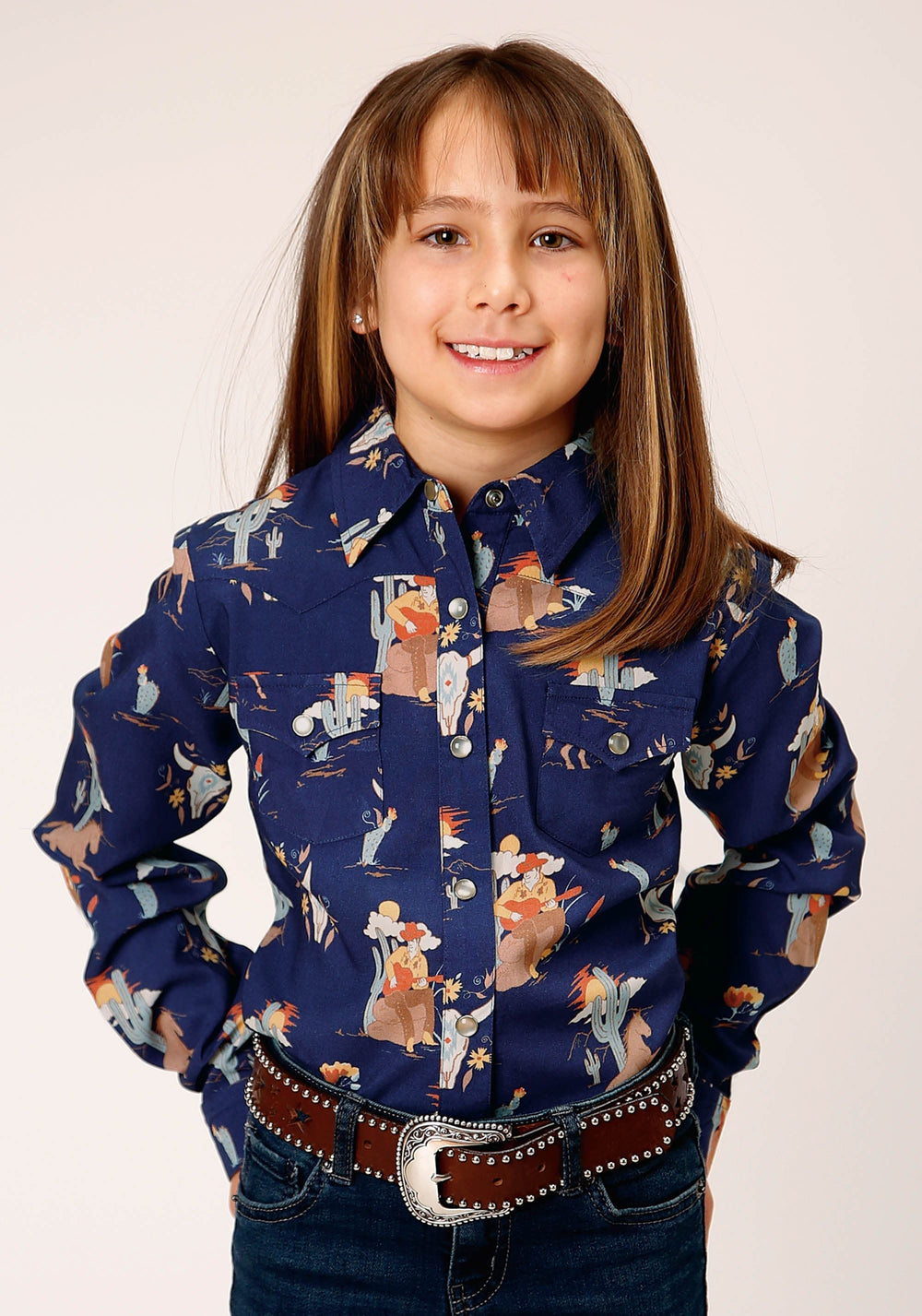 Roper Girls Long Sleeve Snap Cowboy Toile Print Rayon Western Shirt - Roper
