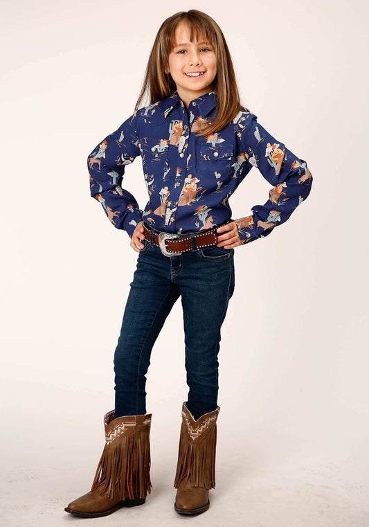 Roper Girls Long Sleeve Snap Cowboy Toile Print Rayon Western Shirt - Roper - Flyclothing LLC