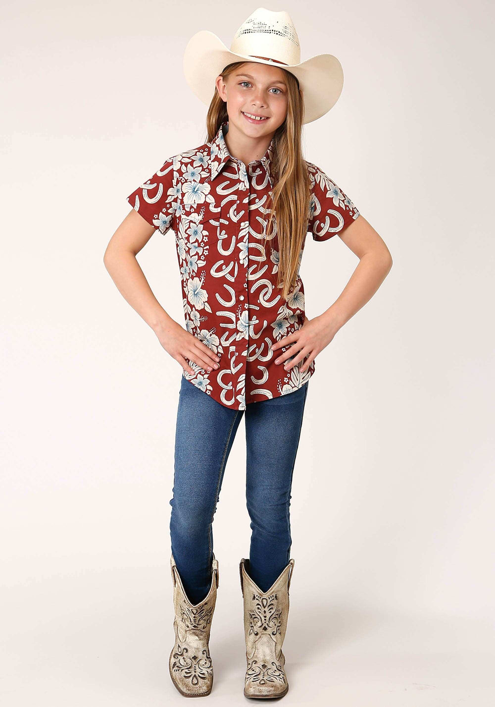 Roper Girls Short Sleeve Snap Hawaiian Horseshoes Print Western Shirt - Roper - Flyclothing LLC