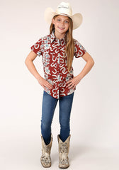 Roper Girls Short Sleeve Snap Hawaiian Horseshoes Print Western Shirt