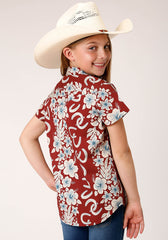 Roper Girls Short Sleeve Snap Hawaiian Horseshoes Print Western Shirt