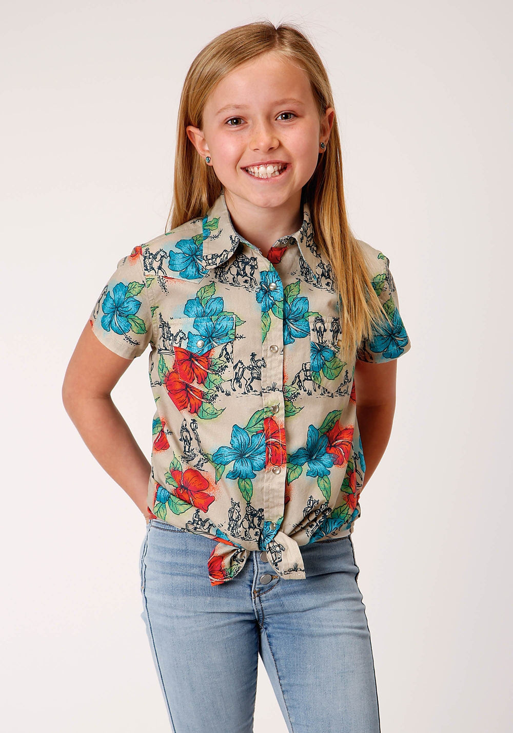 Roper Girls Short Sleeve Snap Trail Ride Tropical Western Shirt - Roper