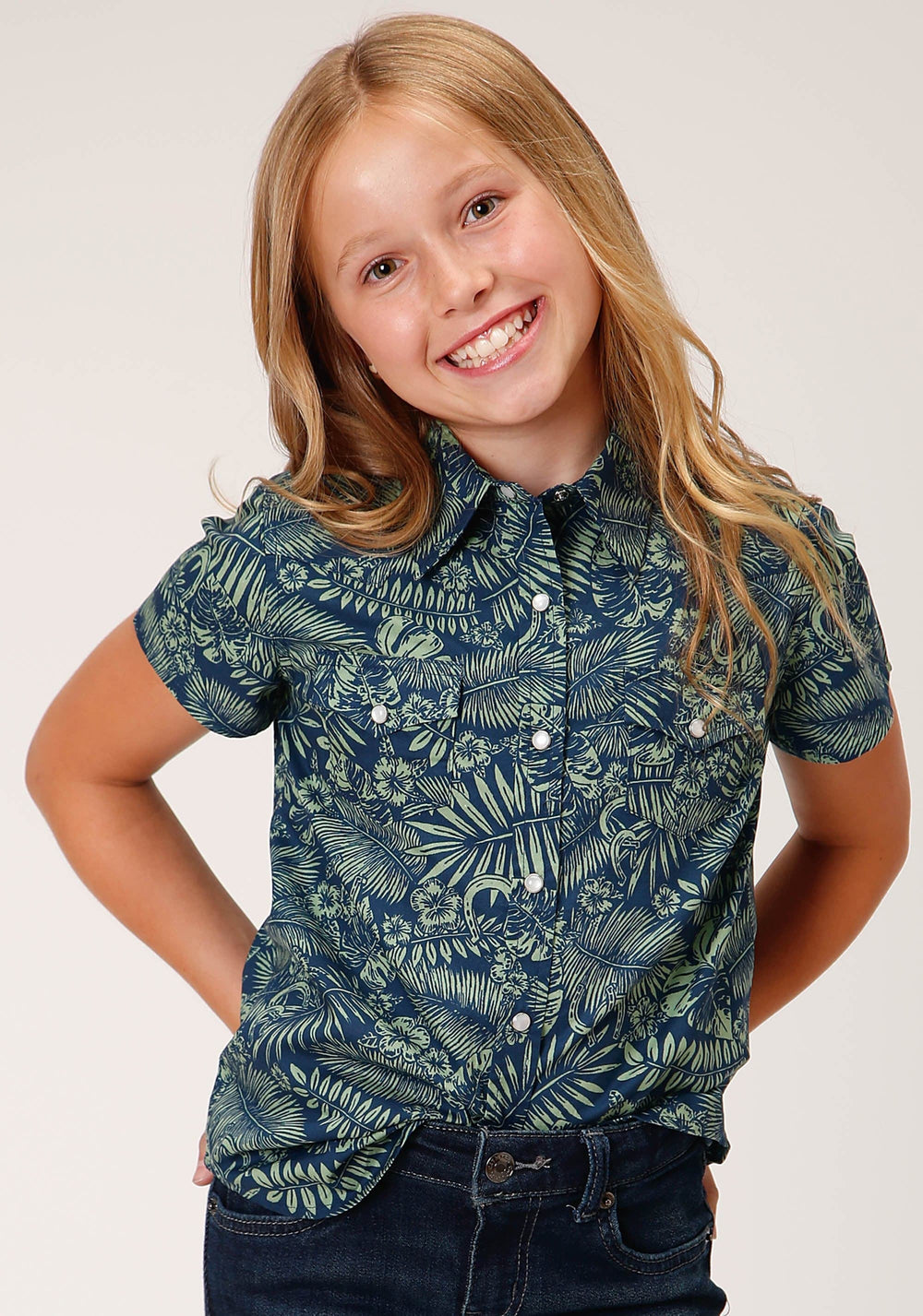 Roper Girls Short Sleeve Snap Lucky Tropical Print Western Shirt - Roper
