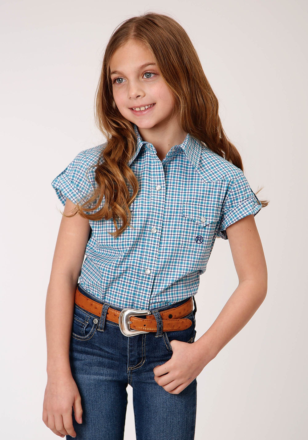 Roper Girls Short Sleeve Snap Stretch Check Western Shirt - Roper