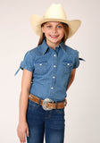 Roper Girls Short Sleeve Button Medium Blue Denim Western Shirt - Roper