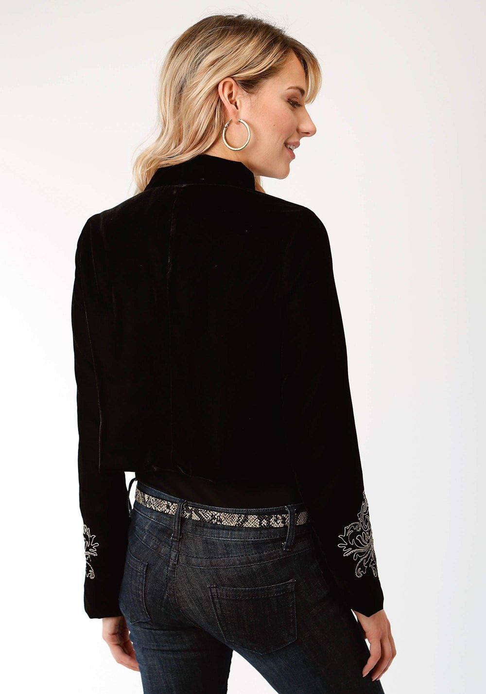 Roper Womens Solid Black Velvet With Embroidery Zip Front Jacket - Roper - Flyclothing LLC