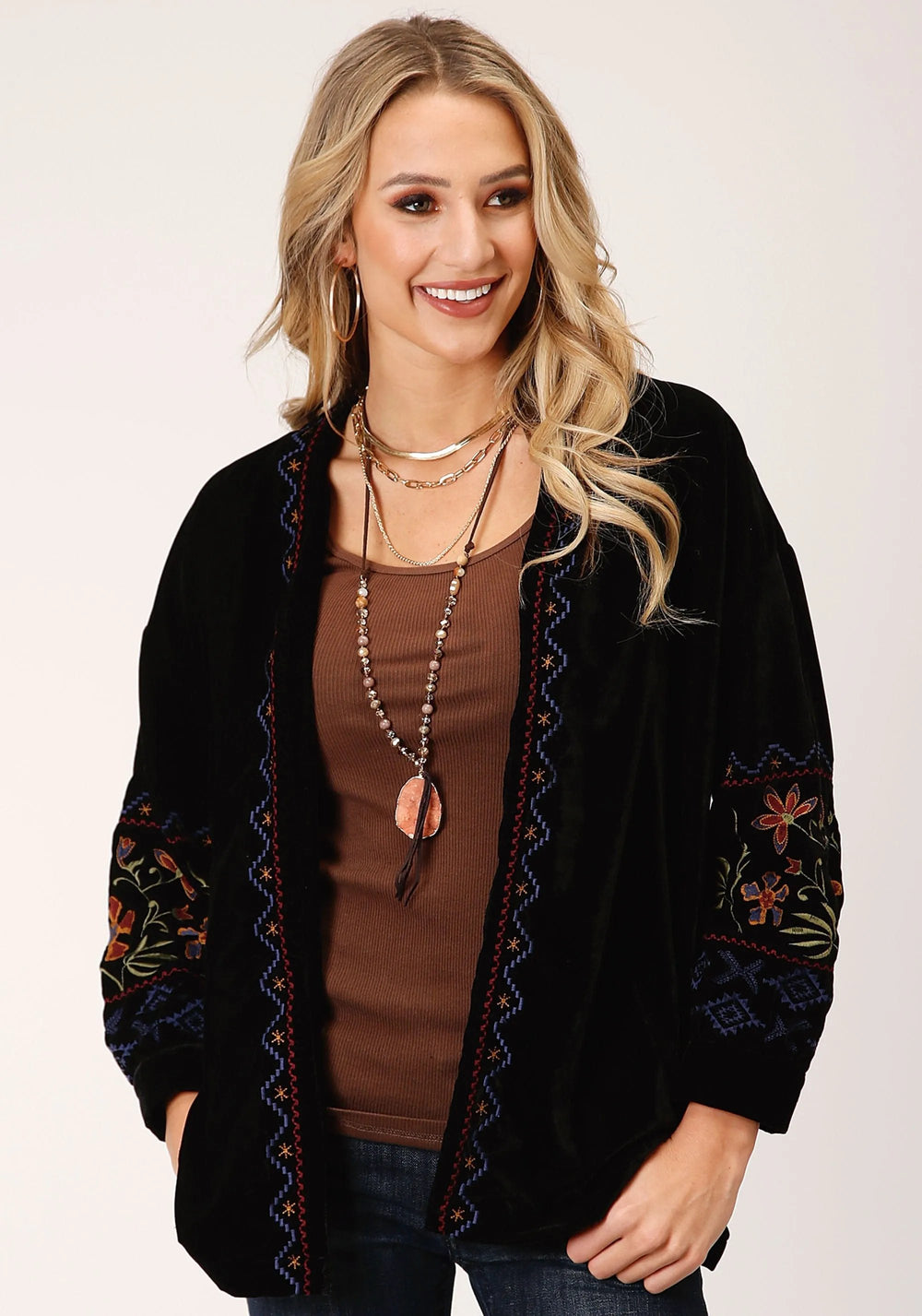 Roper Womens Black Velvet Open Front Jacket - Roper