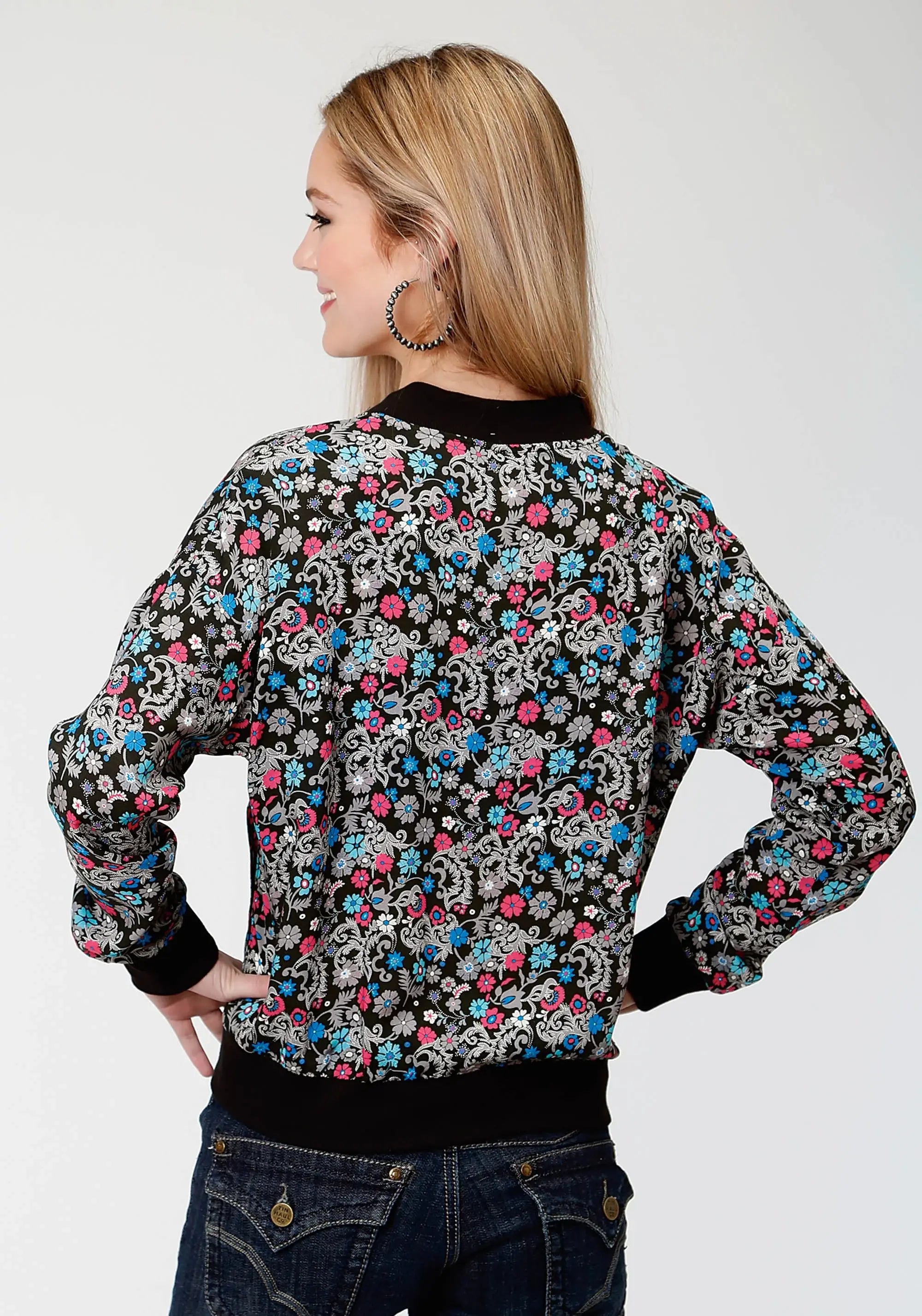 Roper Womens Black Flower Print Bomber Jacket - Roper - Flyclothing LLC
