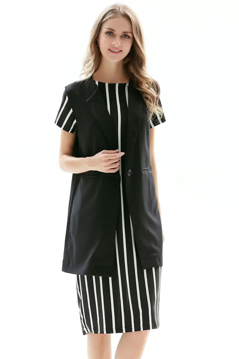One-Button Sleeveless Longline Blazer - Trendsi - Flyclothing LLC