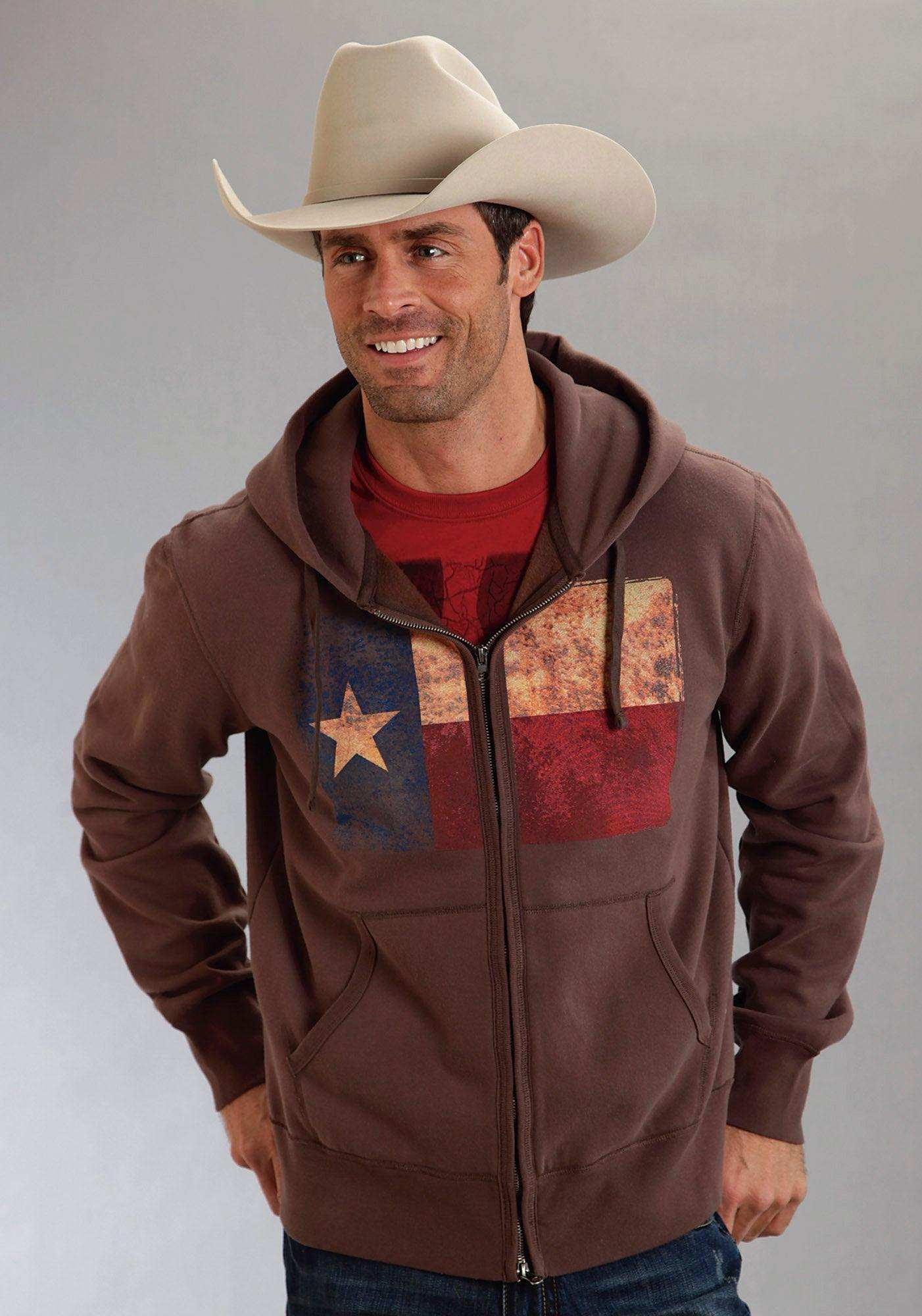 Roper Mens Brown With Texas Flag Screen Print Pullover Hooded Sweatshirt - Roper - Flyclothing LLC