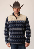 Roper Mens Navy Aztec Print Micro Fleece Pullover - Roper
