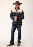 Roper Mens Navy Aztec Print Micro Fleece Pullover - Roper