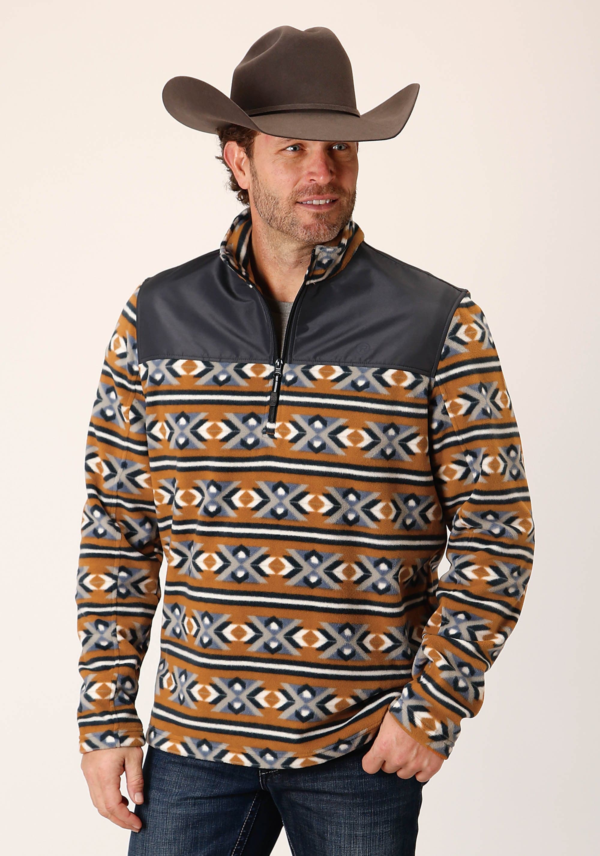 Roper Mens Orange Aztec Print Micro Fleece Pullover