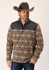 Roper Mens Orange Aztec Print Micro Fleece Pullover
