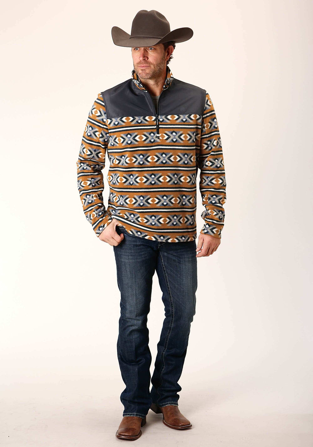 Roper Mens Orange Aztec Print Micro Fleece Pullover - Roper - Flyclothing LLC