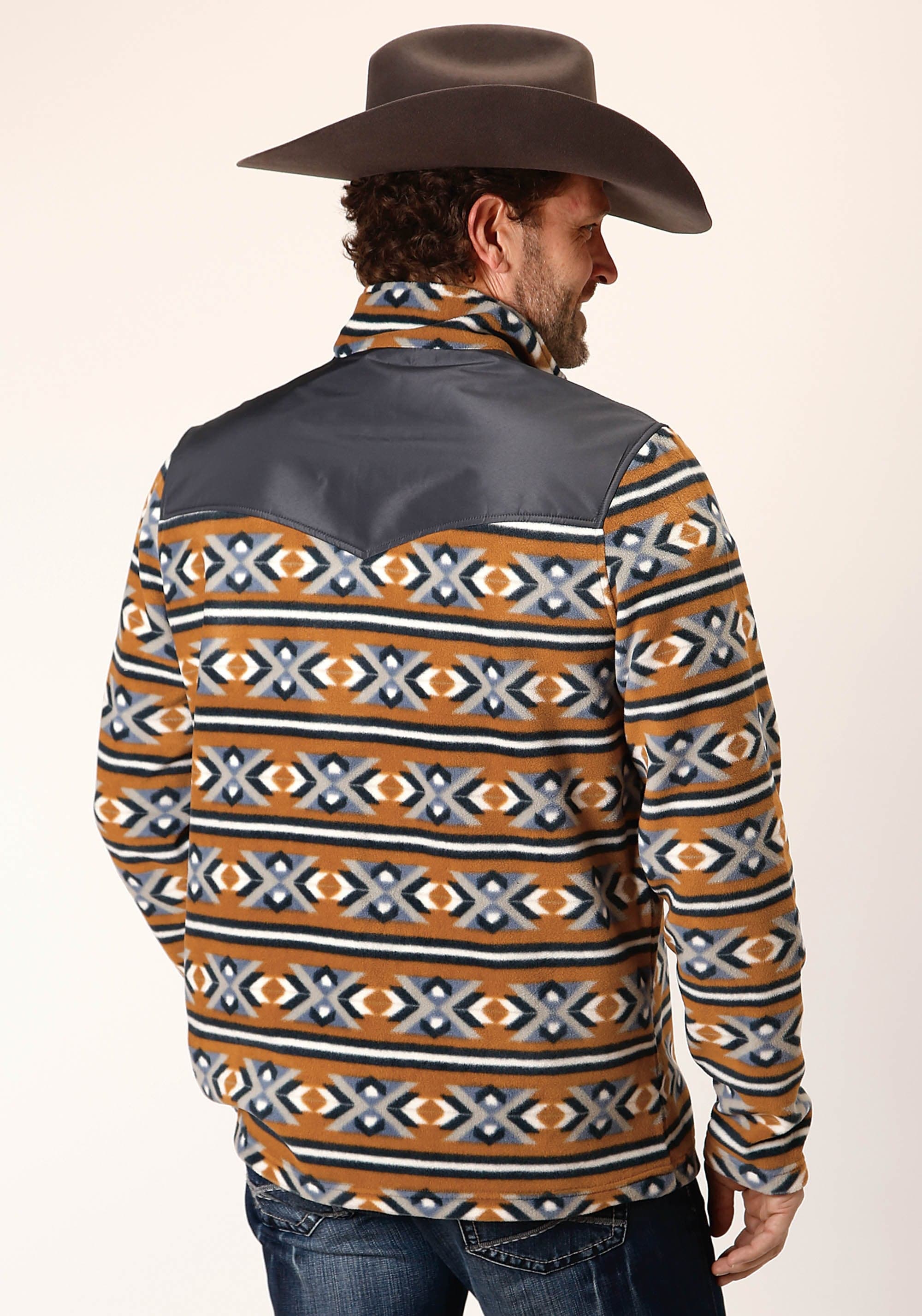 Roper Mens Orange Aztec Print Micro Fleece Pullover - Roper