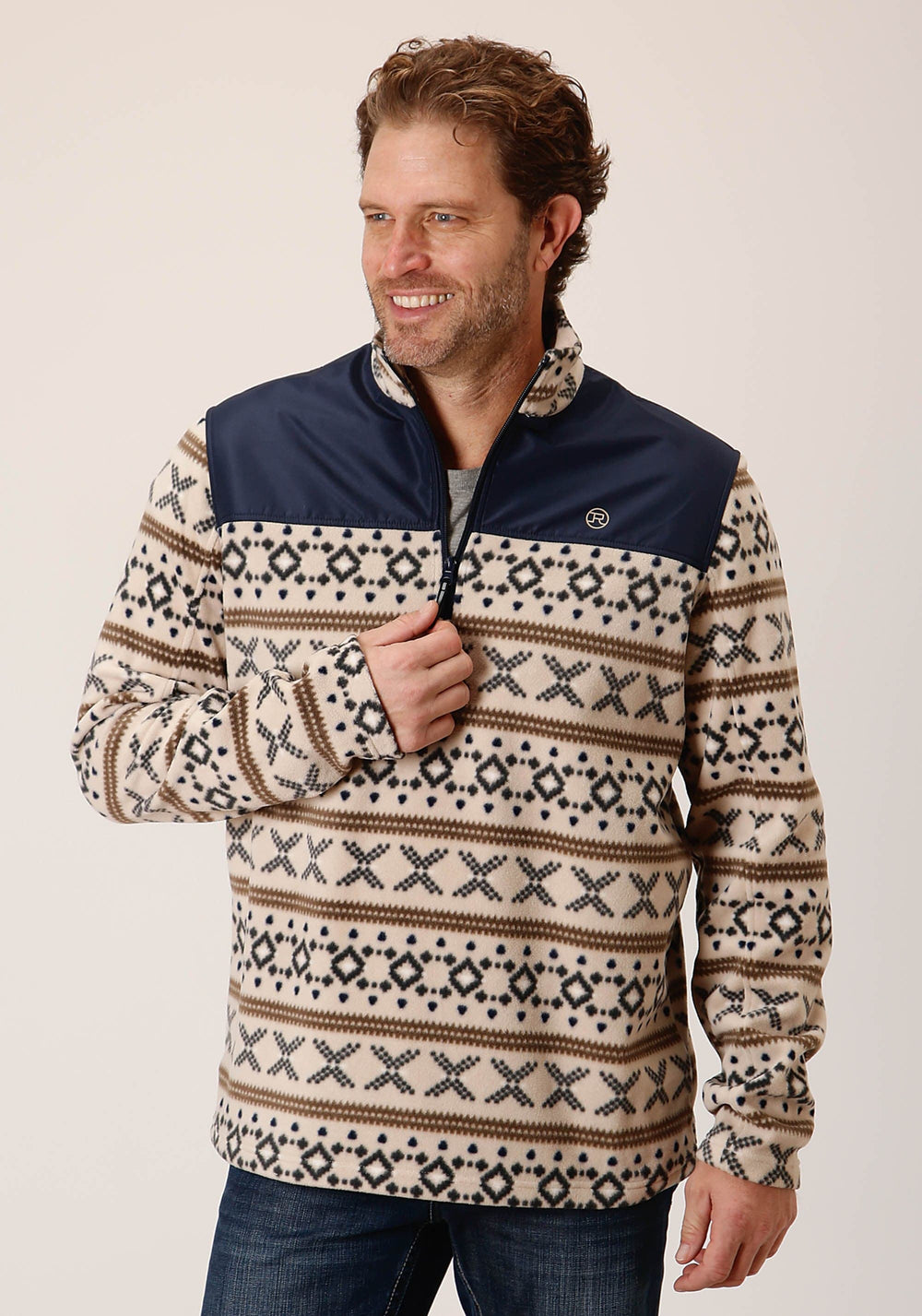 Roper Mens Cream Aztec Print Micro Fleece Pullover - Roper