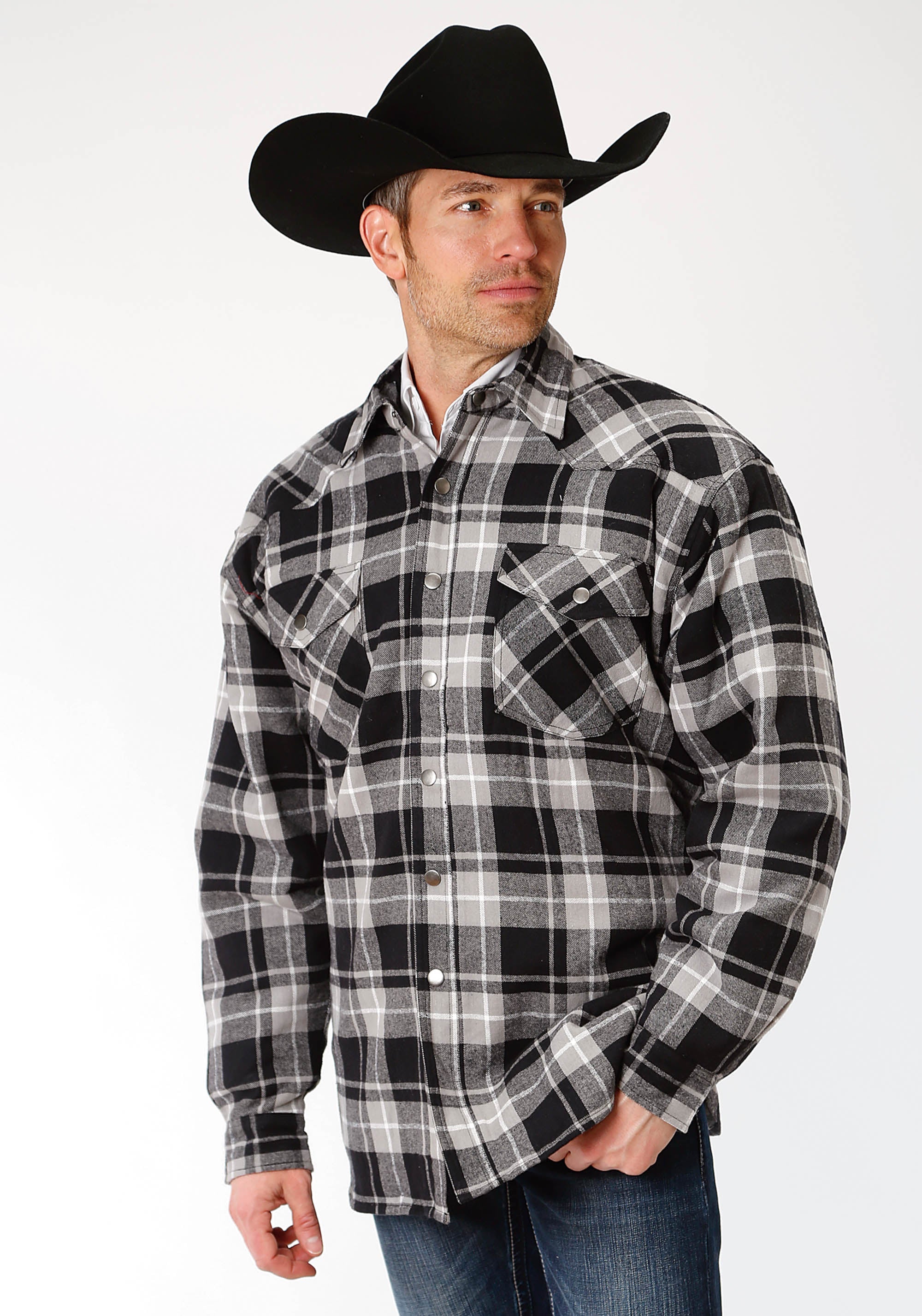 Roper Mens Black And Gray Plaid Flannel  Snap Western Shirt Jacket - Tall Fit