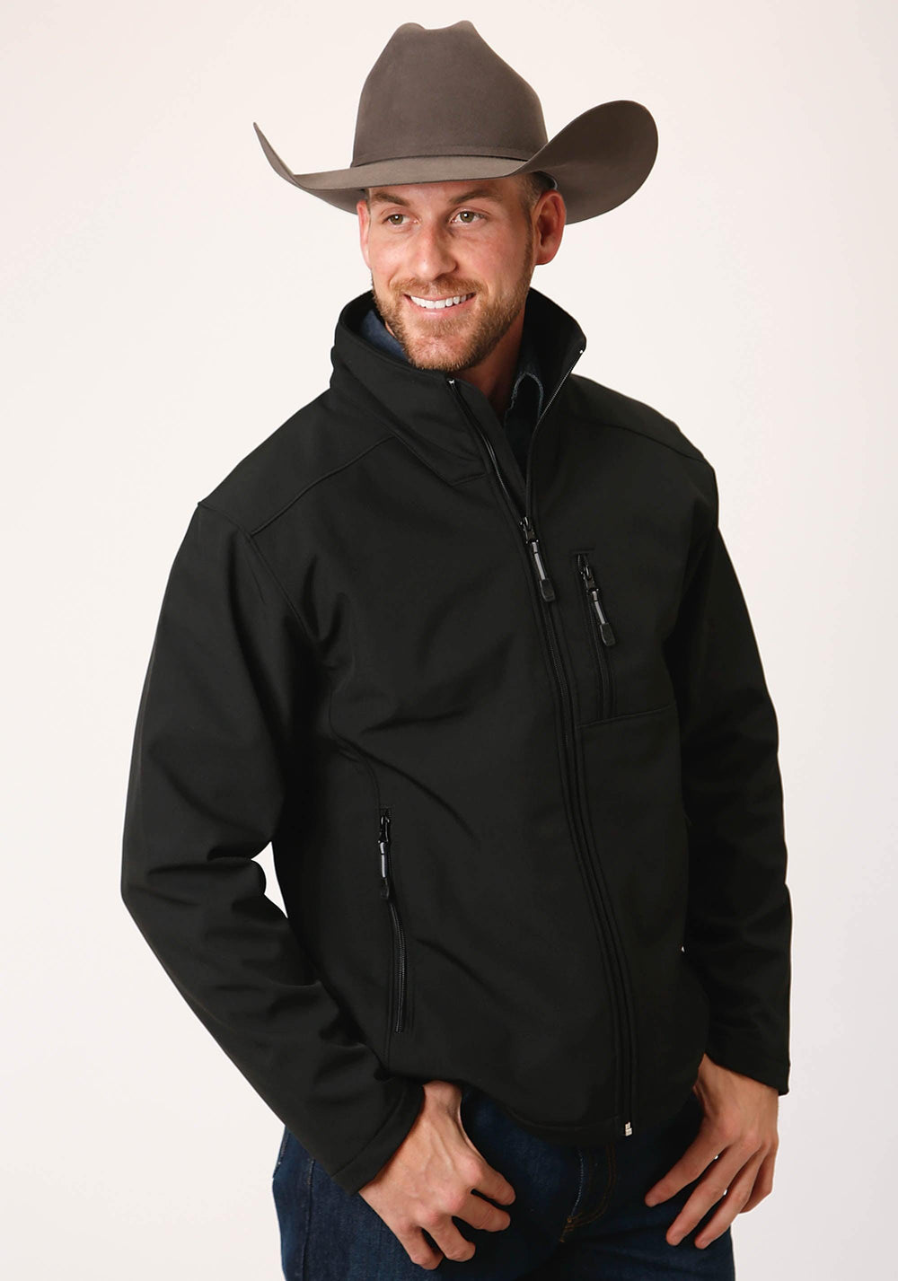 Roper Mens Black Softshell With Black Lining Zip Front Jacket - Roper
