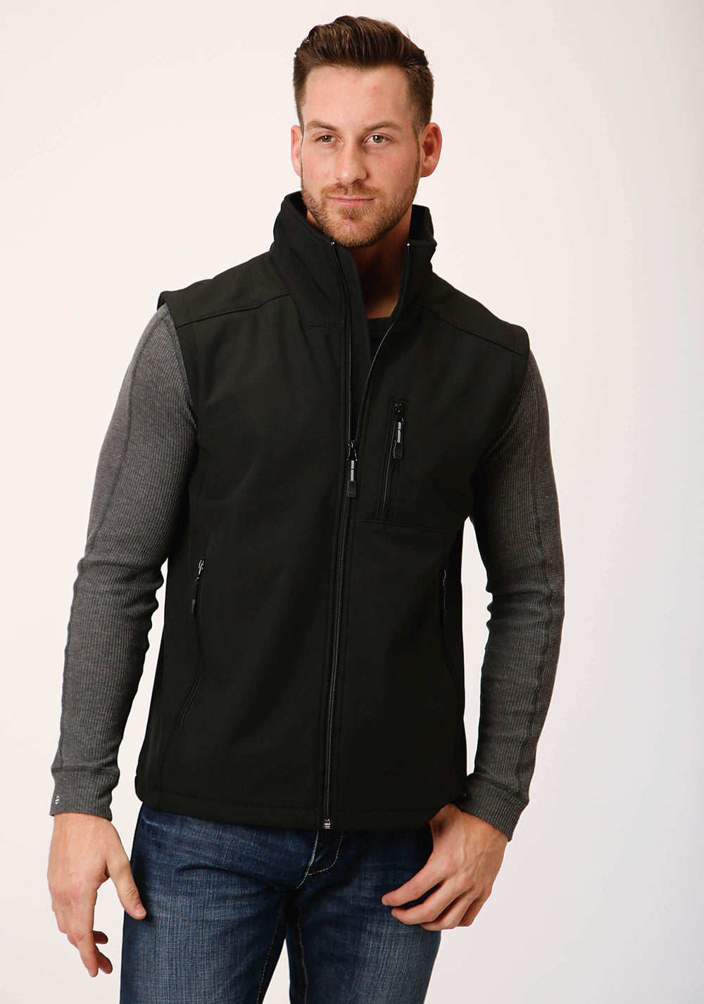 Roper Mens Black Softshell With Black Lining Zip Front Vest - Roper