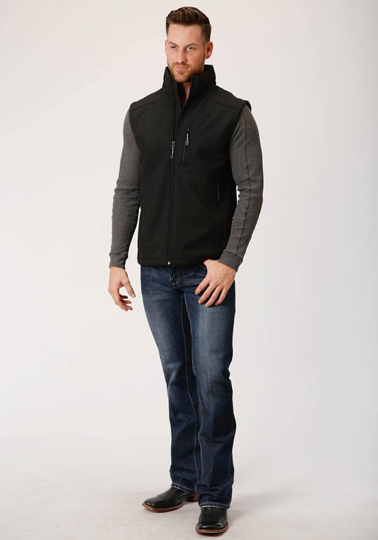 Roper Mens Black Softshell With Black Lining Zip Front Vest - Roper