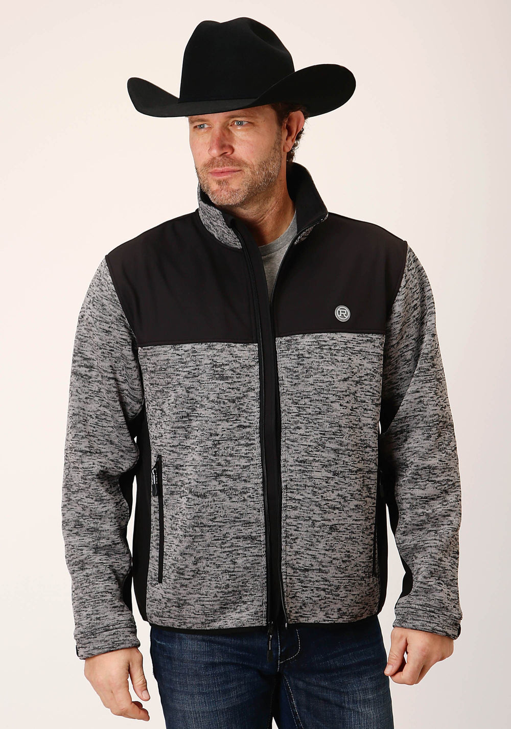Roper Mens Black Grey Sweater Bonded Fleece Jacket - Roper