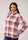 Roper Womens Pink Buffalo Plaid Polar Fleece Pullover - Roper