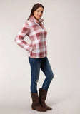 Roper Womens Pink Buffalo Plaid Polar Fleece Pullover - Roper