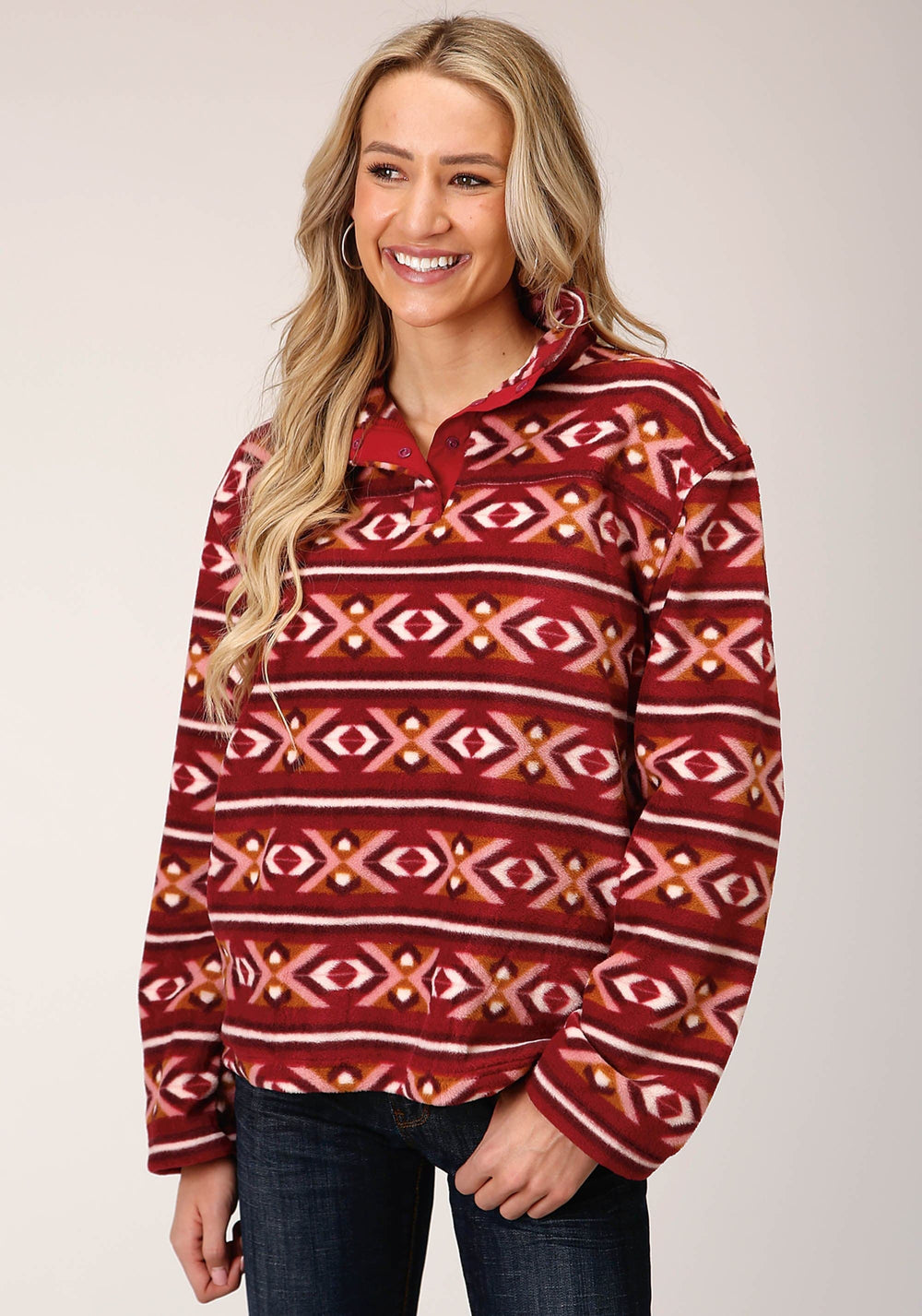 Roper Womens Berry Aztec Print Fleece Pullover - Roper