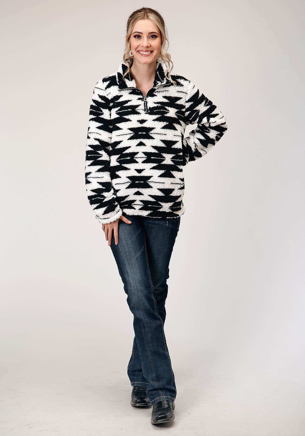 Roper Womens Polar Fleece Black White Aztec Pullover - Roper - Flyclothing LLC