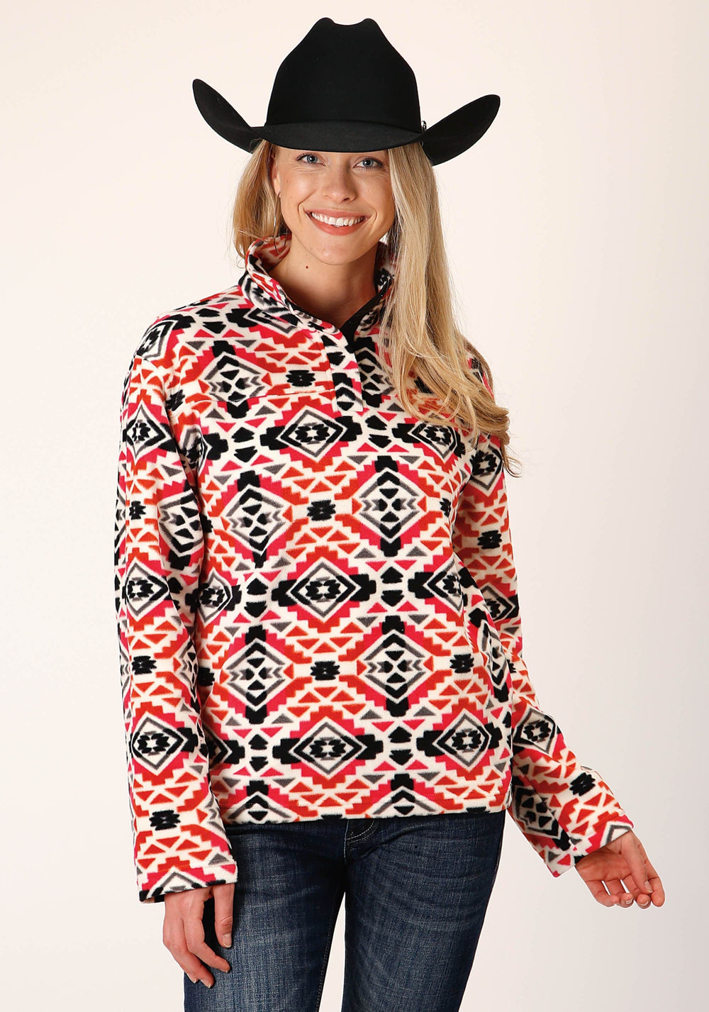 Roper Womens Grey Orange Pink Aztec Print Fleece Pullover - Roper