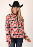 Roper Womens Grey Orange Pink Aztec Print Fleece Pullover - Roper