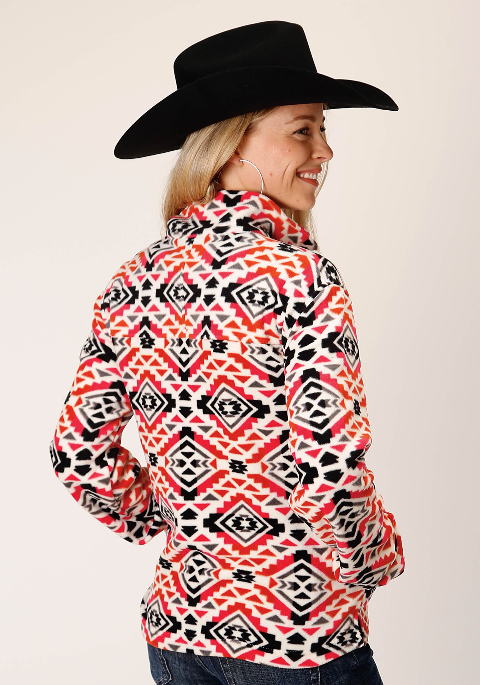 Roper Womens Grey Orange Pink Aztec Print Fleece Pullover