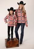 Roper Womens Grey Orange Pink Aztec Print Fleece Pullover - Roper