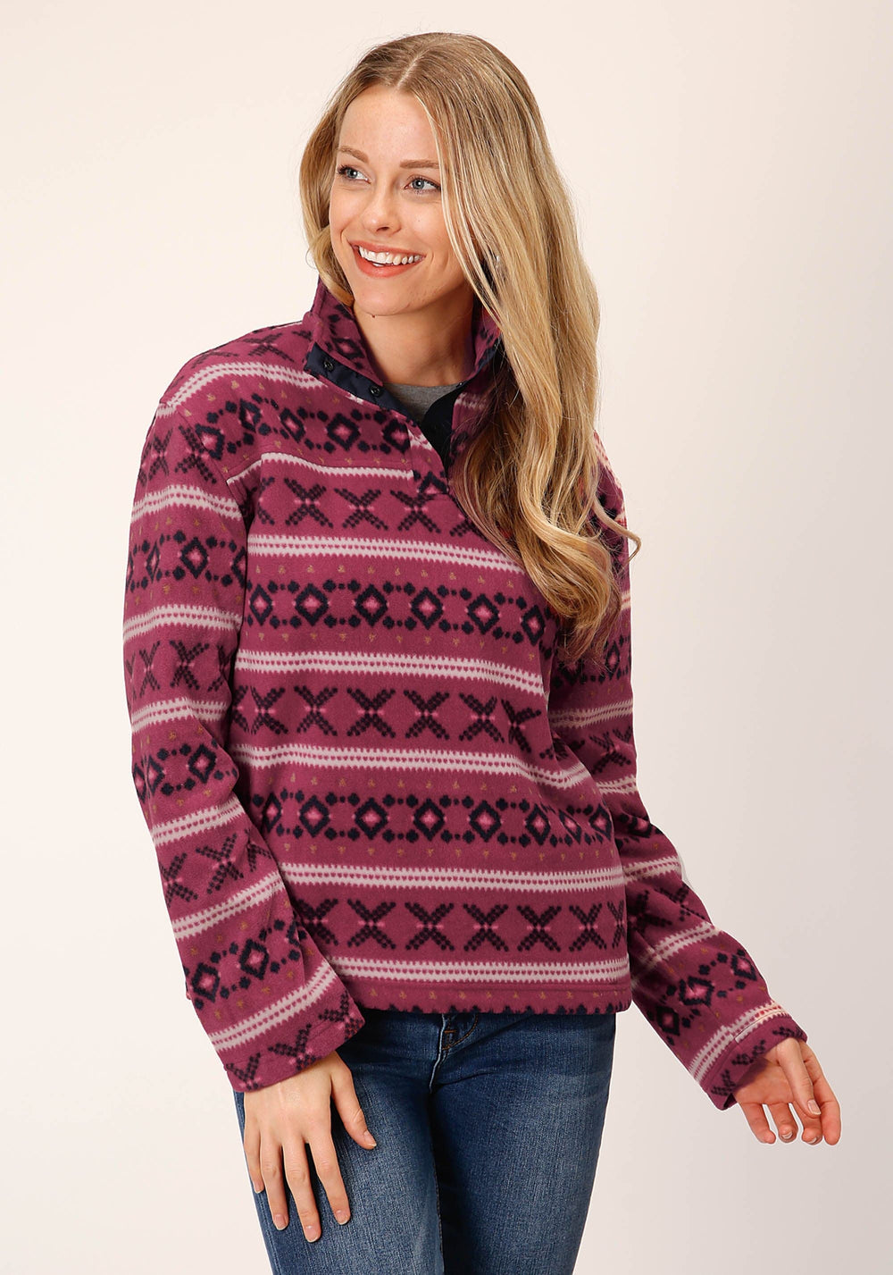 Roper Womens Rusty Red Aztec Print Fleece Pullover - Roper
