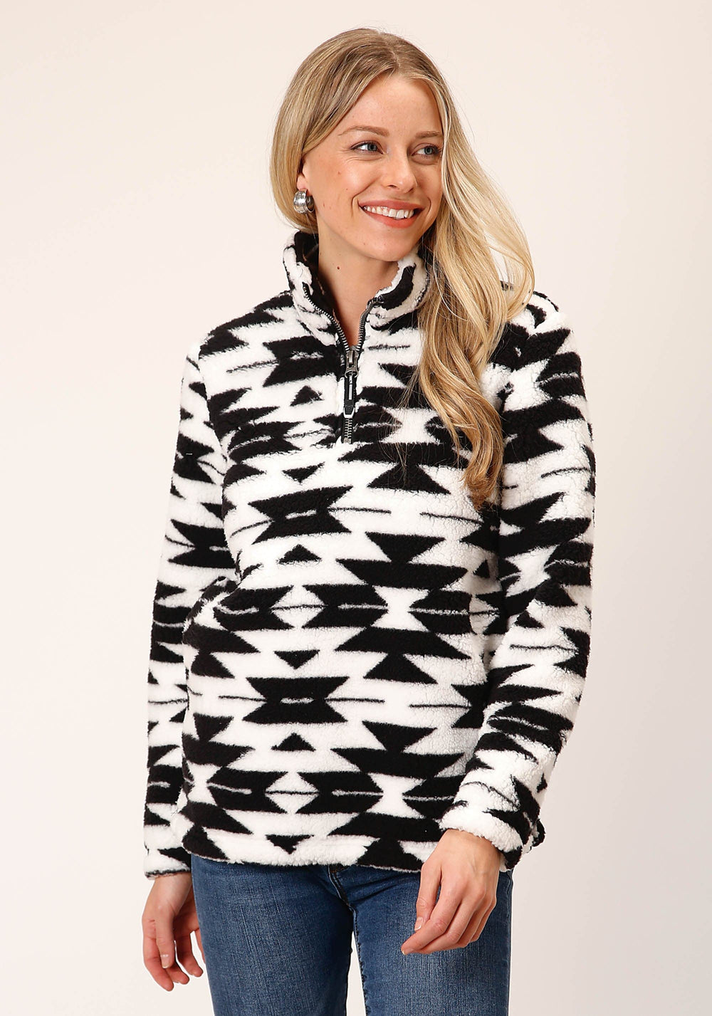 Roper Womens Black White Aztec Polar Fleece Pullover - Roper