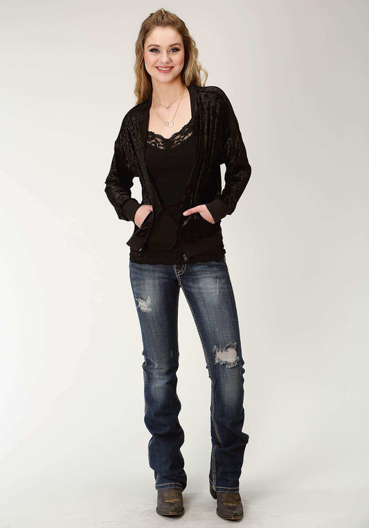 Roper Womens Solid Black Crushed Velvet Bomber Jacket - Roper - Flyclothing LLC