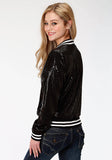 Roper Womens Solid Black Sequin Bomber Jacket - Roper