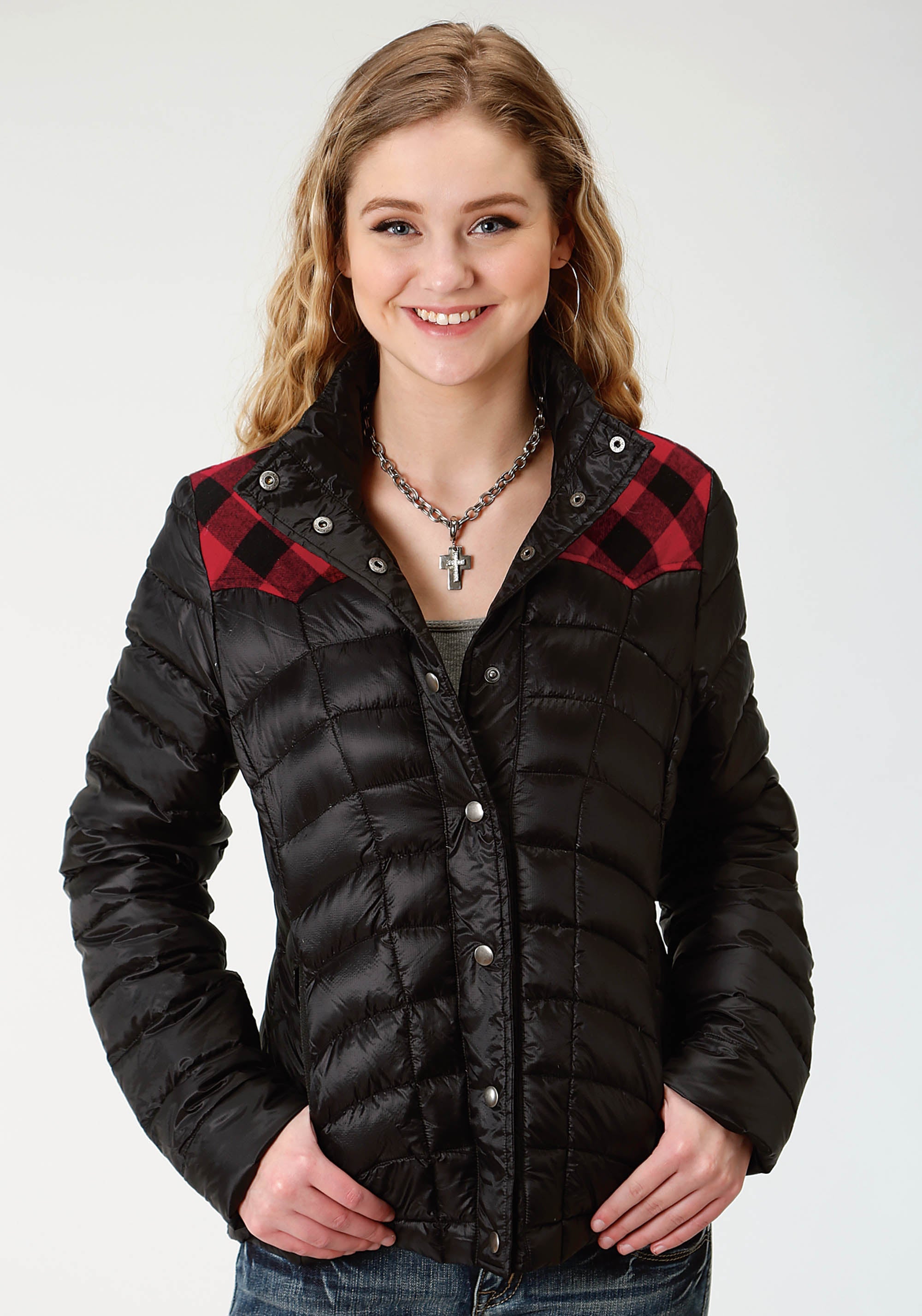 Roper Womens Black Quilted Down With Red And Black Plaid Yoke Snap Front Jacket