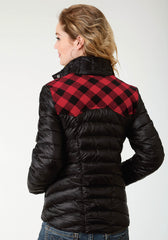 Roper Womens Black Quilted Down With Red And Black Plaid Yoke Snap Front Jacket