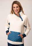 ROPER WOMENS WHITE MICRO FLEECE WITH TEAL KANGAROO POCKET PULLOVER - Roper