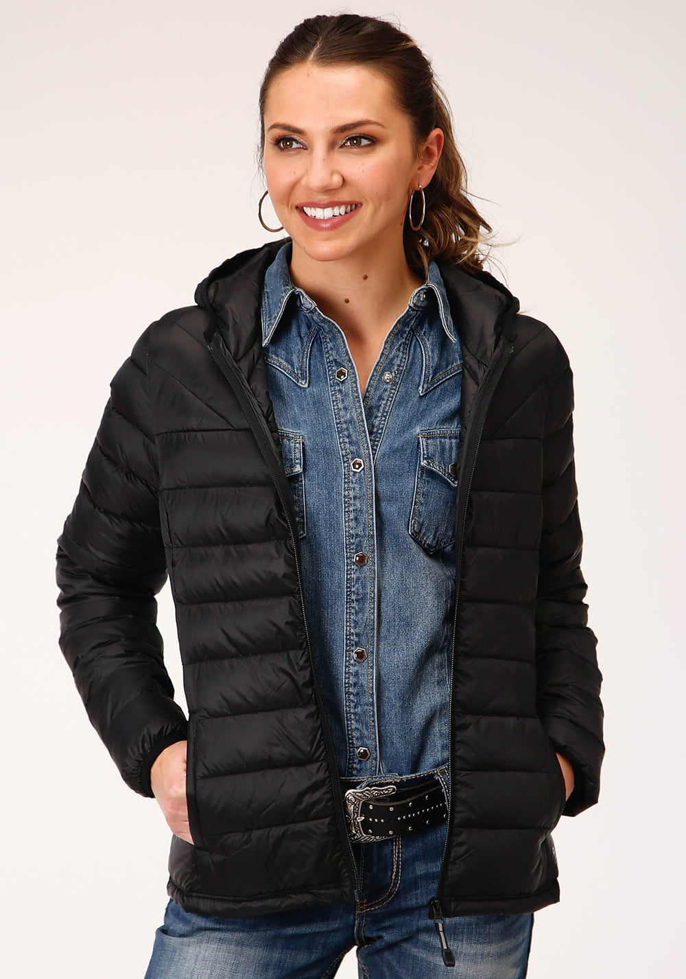 Roper Womens Crushable Hooded Down Jacket Black - Roper