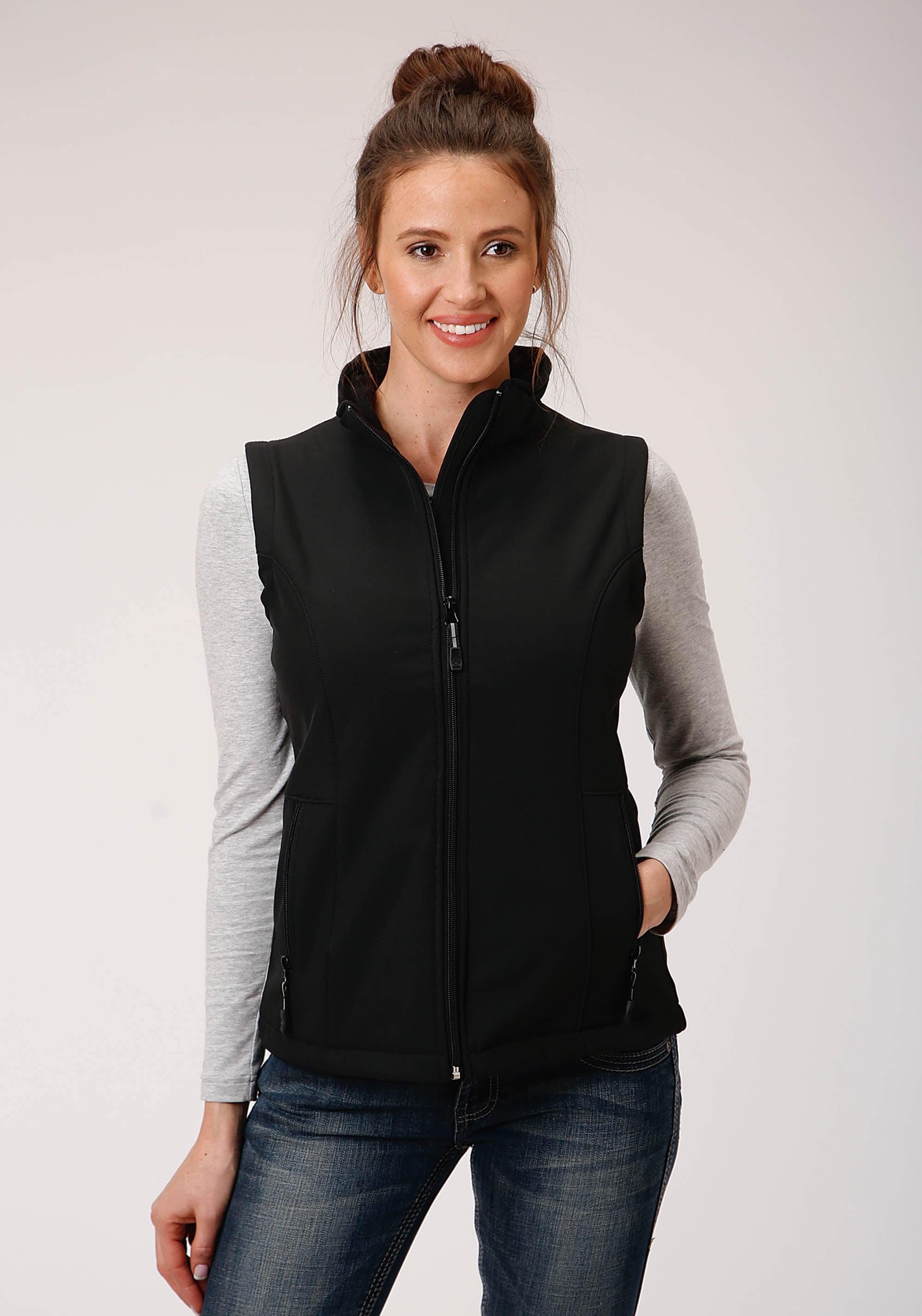 Roper Womens Black Softshell With Black Fleece Lining Zip Front Vest - Roper