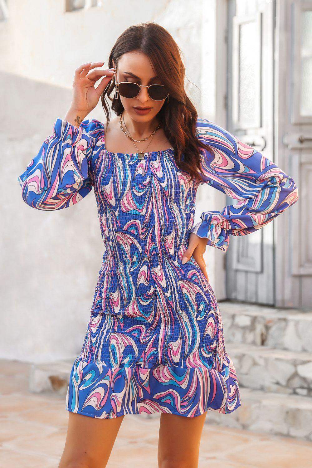 Abstract Print Square Neck Smocked Dress - Trendsi - Flyclothing LLC