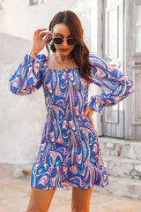 Abstract Print Square Neck Smocked Dress - Trendsi - Flyclothing LLC